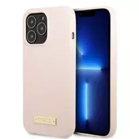 Apple iPhone 13 Pro Guess Dėklas silikoninis Logo Plate MagSafe (GUHMP13LSPLP) rožinės spalvos