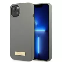 Apple iPhone 13 Guess Dėklas silikoninis Logo Plate MagSafe (GUHMP13MSPLG) pilkos spalvos