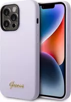 Apple iPhone 14 Pro Guess Dėklas silikoninis Vintage Gold Logo violetinės spalvos