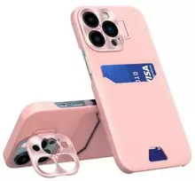 Hurtel Odinio dėklo su stovu ir kortelių dėtuve iPhone 14 Pro dėklas telefonui rožinės spalvos