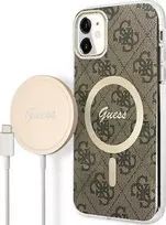 Apple iPhone 11 Guess dėklas 4G Print MagSafe + Belaidis Įkroviklis (GUBPP14LH4EACSP) rudos spalvos