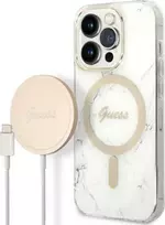 „Guess“ GUBPP14LHMEACSH dėklas + įkroviklis iPhone 14 Pro 6.1" baltas kietas dėklas su marmuru, „MagSafe“