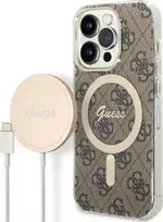 Apple iPhone 14 PRO Guess dėklas 4G Print MagSafe + Belaidis Įkroviklis (GUBPP14MH4EACSW) rudos spalvos