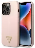 Guess GUHCP14LSLTGP iPhone 14 Pro 6,1 colio eilinis/rožinis kietas dėklas, silikoninis trikampis