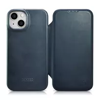 iCarer CE Oil Wax Premium Leather Apple iPhone 14 Plus magnetic atverčiamas MagSafe dėklas telefonui mėlynos spalvos (AKI14220707-BU)