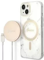 Rinkinys Guess GUBPP14SHMEACSH Case+ Charger iPhone 14 6,1" baltas kietas dėklas Marble MagSafe