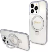 Dėklas GUESS GUHMP15XHRSGSD IPHONE 15 PRO MAX 6,7 col. SKAIDRUS / SKAIDRUS KIETOS DĖLĖS RING STOVAS SCRIPT GLITTER MAGSAFE