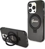 Dėklas GUESS GUHMP15XHRSGSK IPHONE 15 PRO MAX 6.7 "Juodas/Juodas HARDCASE RING STAND SCRIPT GLITTER MAGSAFE