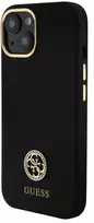 Guess Liquid Silicone 4G Strass Metal Logo dėklas telefonui Apple iPhone 15 juodos spalvos