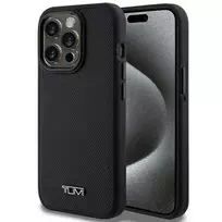 Tumi TUHMP15LRBAK Apple iPhone 15 Pro 6.1" juodos spalvos kietas dėklas, odinis balistinio rašto MagSafe dėklas