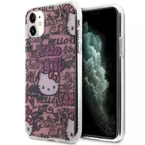 Hello Kitty HKHCN61HDGPTP Apple iPhone 11 / Xr 6.1″rožinės spalvos kietas dėklas IML Tags Graffiti