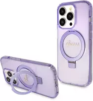 Apple iPhone 15 Pro Guess dėklas Ring Stand Script Glitter MagSafe (GUHMP15LHRSGSU) violetinės spalvos