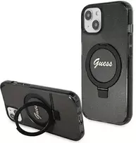 Apple iPhone 15 Plus Guess dėklas Ring Stand Script Glitter MagSafe (GUHMP15MHRSGSK) juodos spalvos