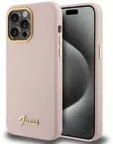 Dėklas GUESS GUHCP15LSMBSLP IPHONE 15 PRO 6.1 "Rožinis/Rožinis HARDCASE SILICONE SCRIPT METAL LOGO & FRAME