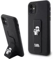Apple iPhone 11 / XR Karl Lagerfeld dėklas Gripstand Saffiano Karl&Choupette Pins (KLHCN61GSAKCPK) juodos spalvos
