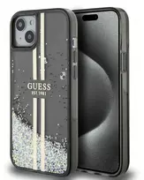 Apple iPhone 14 plus / 15 plus Guess dėklas Liquid Glitter Gold Stripes (GUHCP15MLFCSEGK) juodos spalvos