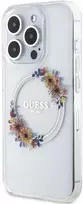 GUESS GUHMP15XHFWFFCT IPHONE 15 PRO MAX 6,7 col. permatomas kietas dėklas IML FLOWERS WREATCH MAGSAFE