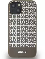 Apple iPhone 13 / 14 / 15 DKNY odinis dėklas Printed Pattern Metal Logo MagSafe (DKHMP15SPSOSPW) rudos spalvos