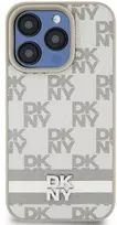 DKNY PU Leather Checkered Pattern and Stripe dėklas telefonui Apple iPhone 14 Pro Max rusvai gelsvas