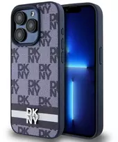 DKNY PU Leather Checkered Pattern and Stripe dėklas telefonui Apple iPhone 15 Pro Max mėlynos spalvos