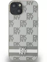 DKNY PU Leather Checkered Pattern and Stripe dėklas telefonui Apple iPhone 15 rusvai gelsvas