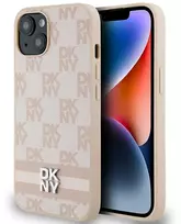 Apple iPhone 13 / 14 / 15 DKNY odinis dėklas Checkered Mono Pattern & Printed Stripes (DKHCP14SPCPTSSP) rožinės spalvos