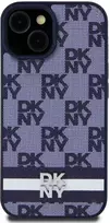 DKNY PU Leather Checkered Pattern and Stripe dėklas telefonui Apple iPhone 15 mėlynos spalvos