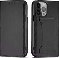 Hurtel Magnet Card dėklas telefonui Apple iPhone 14 Pro Max atverčiamas su stoveliu juodos spalvos