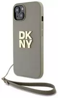 DKNY DKHCP15MPBSWSE Apple iPhone 15 Plus 6.7" smėlio spalvos kietas dėklas su riešo dirželiu ir standartiniu logotipu.
