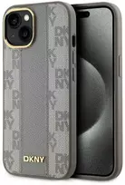 DKNY PU Leather Checkered Pattern Magsafe dėklas telefonui Apple iPhone 15 rusvai gelsvas