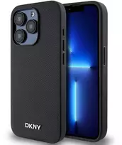DKNY PU Leather Sidabrinis Metal Logo Magsafe dėklas telefonui Apple iPhone 15 Pro Max juodos spalvos