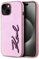 Karl Lagerfeld Wrinkled PU Signature Logo dėklas telefonui Apple iPhone 15 rožinės spalvos