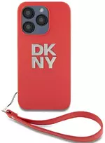 DKNY PU Leather Stack Logo Wrist Strap dėklas telefonui Apple iPhone 15 Pro Max raudonos spalvos