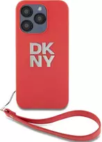 DKNY PU Leather Stack Logo Wrist Strap dėklas telefonui Apple iPhone 14 Pro raudonos spalvos