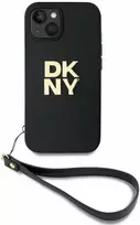 DKNY PU Leather Stack Logo Wrist Strap dėklas telefonui Apple iPhone 13 juodos spalvos