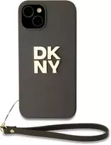 DKNY PU Leather Stack Logo Wrist Strap dėklas telefonui Apple iPhone 13 rudos spalvos