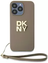 DKNY PU Leather Stack Logo Wrist Strap dėklas telefonui Apple iPhone 14 Pro Max rusvai gelsvas
