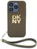 DKNY PU Leather Stack Logo Wrist Strap dėklas telefonui Apple iPhone 14 Pro Max rudos spalvos