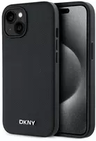 DKNY PU Leather Sidabrinis Metal Logo Magsafe dėklas telefonui Apple iPhone 14 juodos spalvos