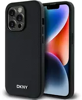 DKNY PU Leather Sidabrinis Metal Logo Magsafe dėklas telefonui Apple iPhone 14 Pro Max juodos spalvos