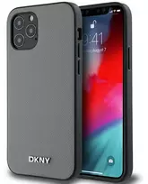 DKNY PU Leather Sidabrinis Metal Logo Magsafe dėklas telefonui Apple iPhone 12/12 Pro pilkos spalvos