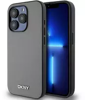 DKNY PU Leather Sidabrinis Metal Logo Magsafe dėklas telefonui Apple iPhone 15 Pro pilkos spalvos