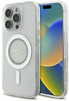 Guess IML Rhinestones Ring MagSafe Apple iPhone 16 Pro dėklas telefonui baltos spalvos