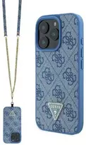 Guess Leather Metal Logo Strass Crossbody Apple iPhone 16 Pro Max - dėklas telefonui mėlynos spalvos