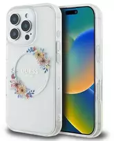 Guess GUHMP16LHFWFCT iPhone 16 Pro 6,3″ permatomas kietas dėklas IML Flowers Wreath MagSafe