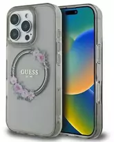Guess IML Flowers Wreath MagSafe Apple iPhone 16 Pro - dėklas telefonui juodos spalvos