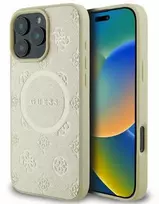 Guess Saffiano Peony Stamp MagSafe Apple iPhone 16 Pro dėklas telefonui aukso spalvos