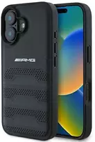 Mercedes AMG Leather Debossed Lines dėklas telefonui juodos spalvos Logo Apple iPhone 16 - dėklas telefonui juodos spalvos