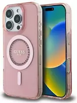 Guess IML Rhinestones MagSafe Apple iPhone 16 Pro - dėklas telefonui rožinės spalvos