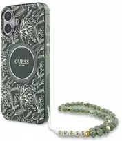 Guess GUHMP16SHCPOFPA Apple iPhone 16 6.1" dėklas telefonui žalios spalvos hardcase IML Flowers Allover Electro With Pearl Strap MagSafe